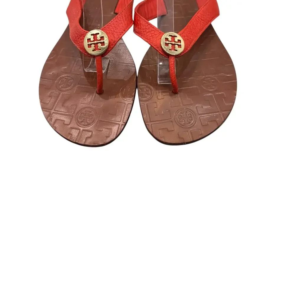 Tory Burch Thora Logo Medallion Leather Flip Flop Sandals Orange Sz 9M